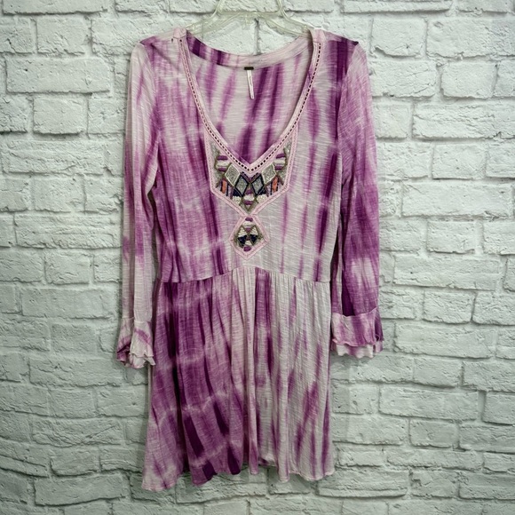 Free People Sun Up Pink Beaded Tie Dye Ombre Mini Dress Tunic Size women’s Large - Picture 1 of 10
